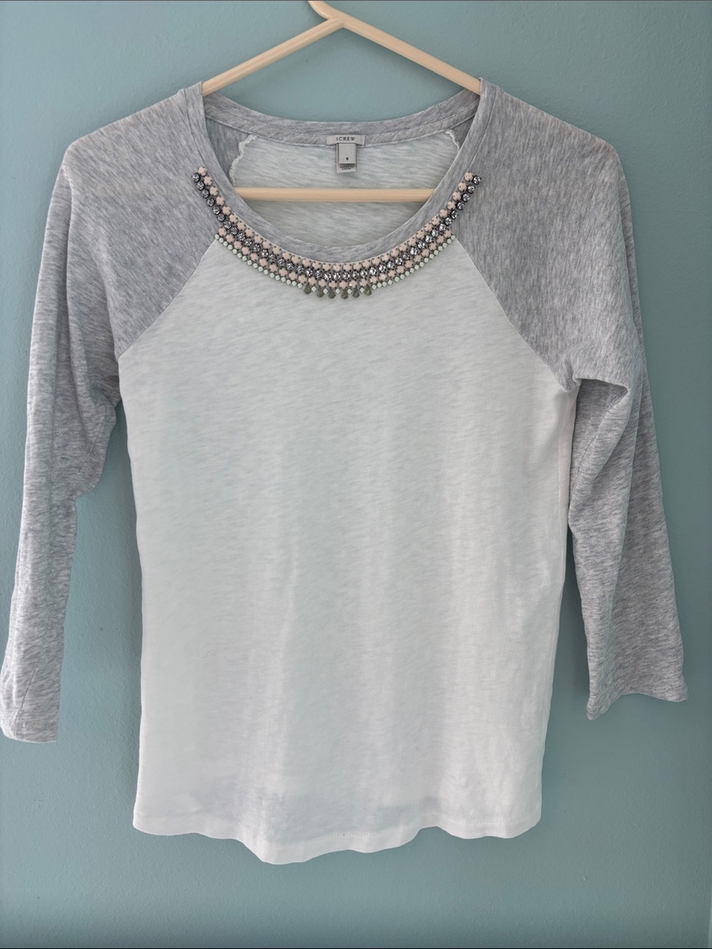 J. Crew Gray & White Jeweled Raglan Sleeve Tee Small